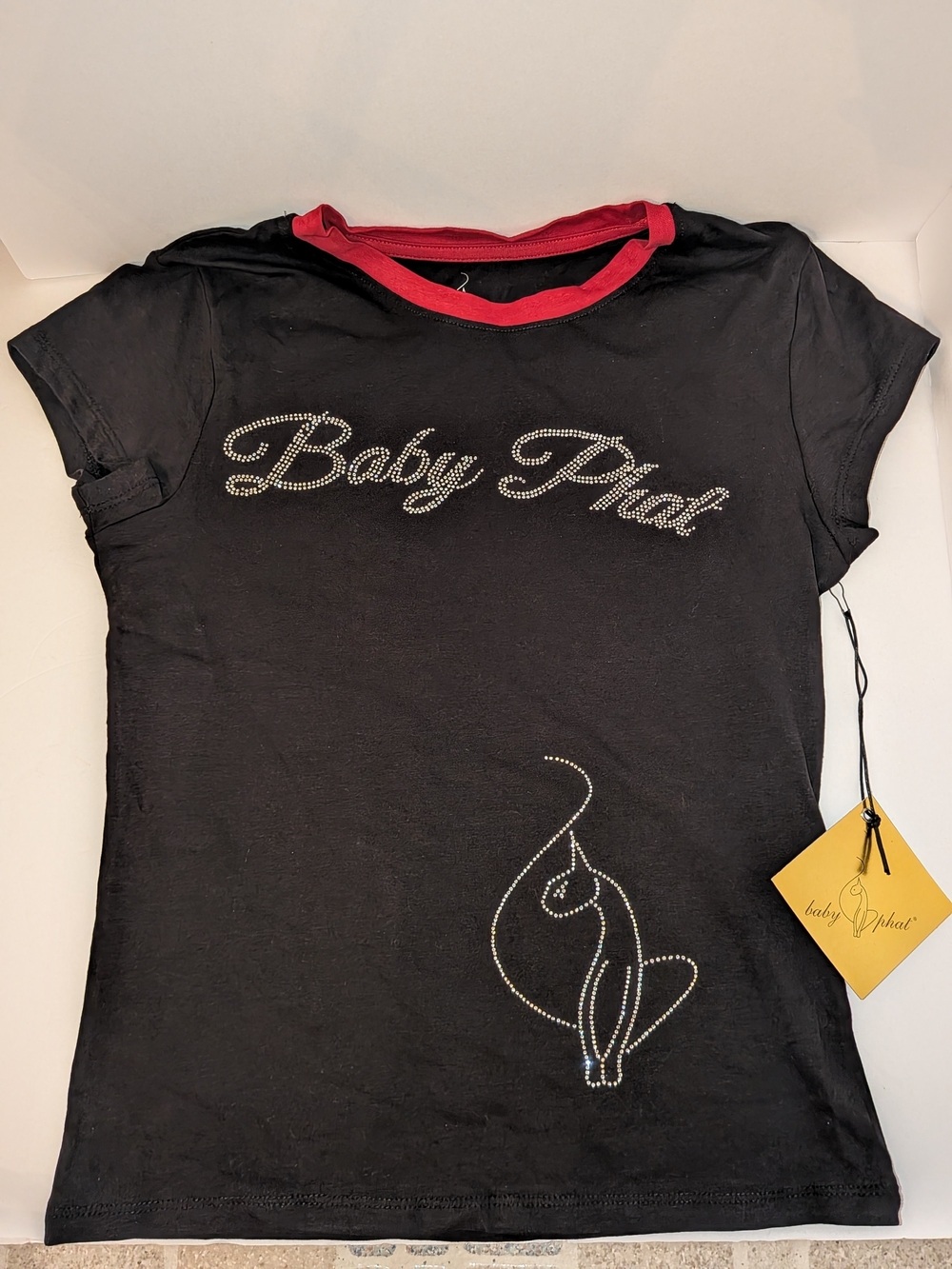 Y2K Baby Phat Black Tee with Red Trim and Rhinestone Logo Size M NWT